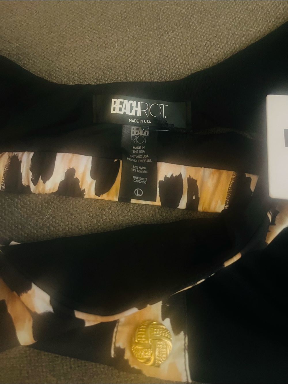 NWT Beach Riot Black and Cream Animal-Print bikini top with gold buttons. - Picture 6 of 6